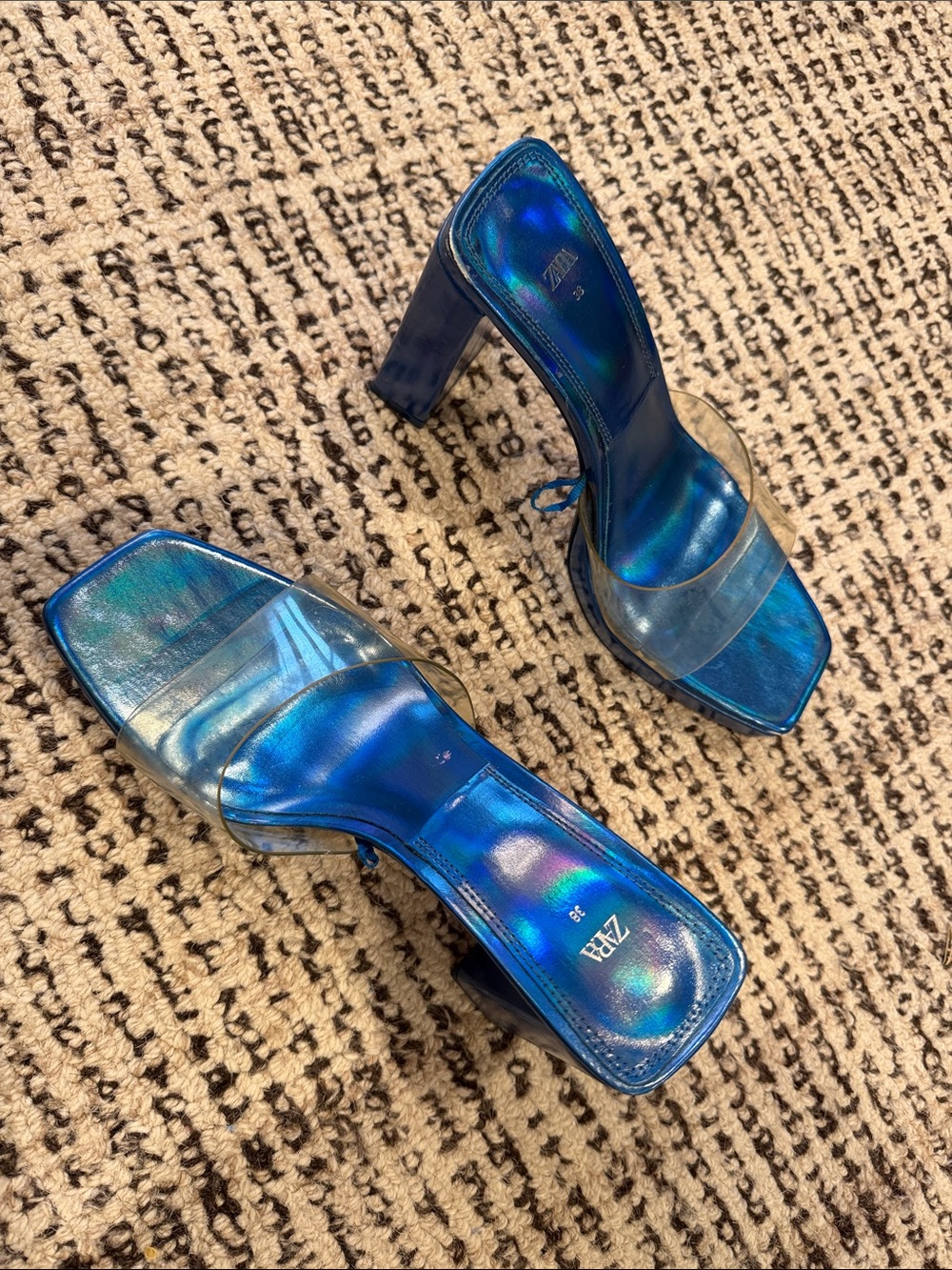 Zara Iridescent Blue Clear Strap Block Heel Sandals
